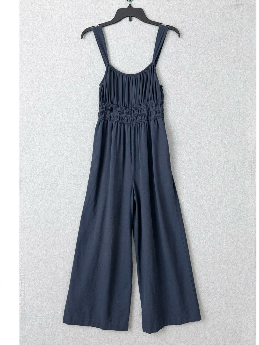 Madewell Linen Blend Sophie Jumpsuit Pant Wide Leg Sleeveless Smocked XS Blue